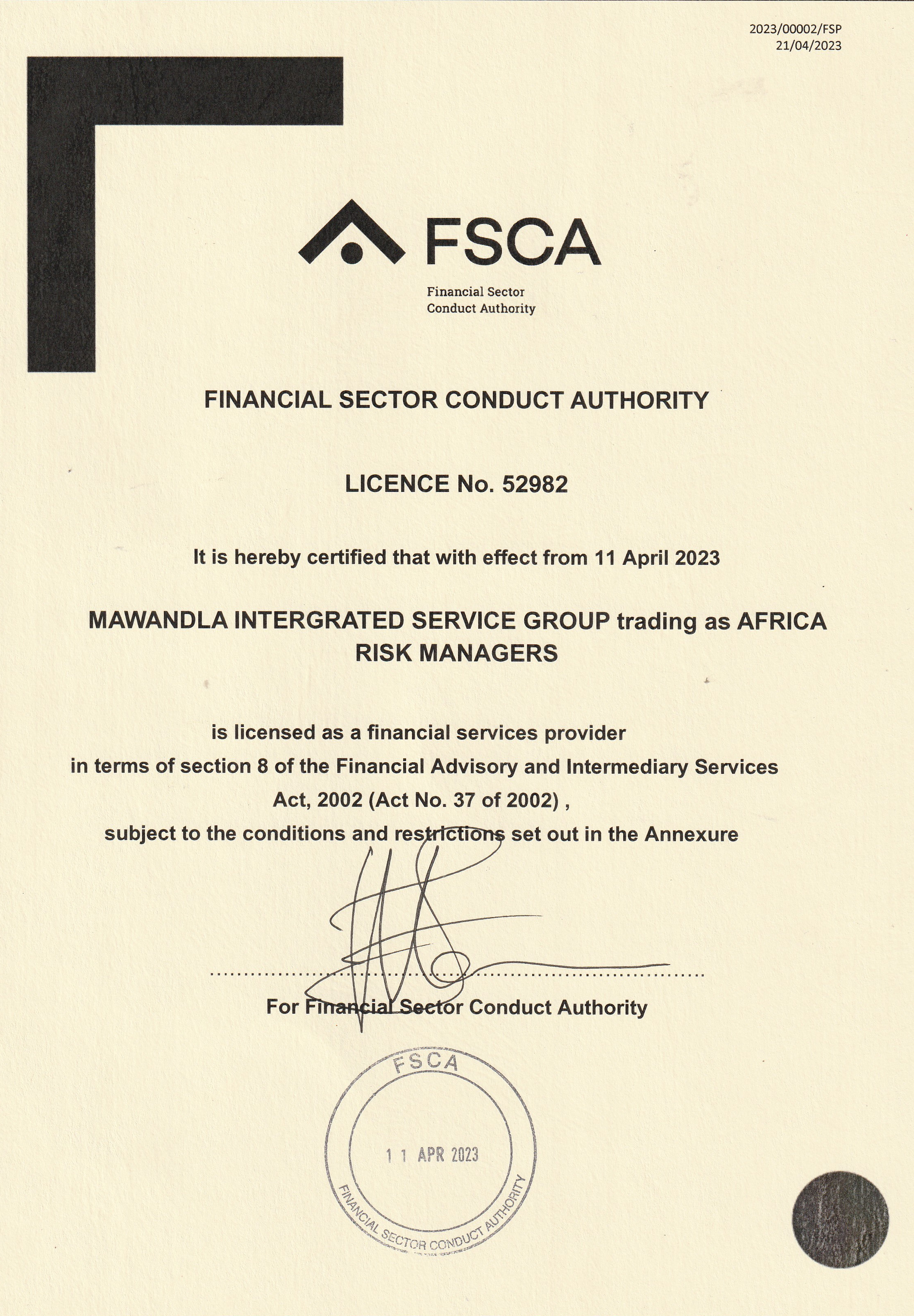 Africa Risk Managers FSP Licence